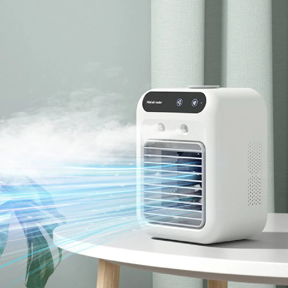 Ivory white portable USB air cooler fan with touchscreen panel on a desk