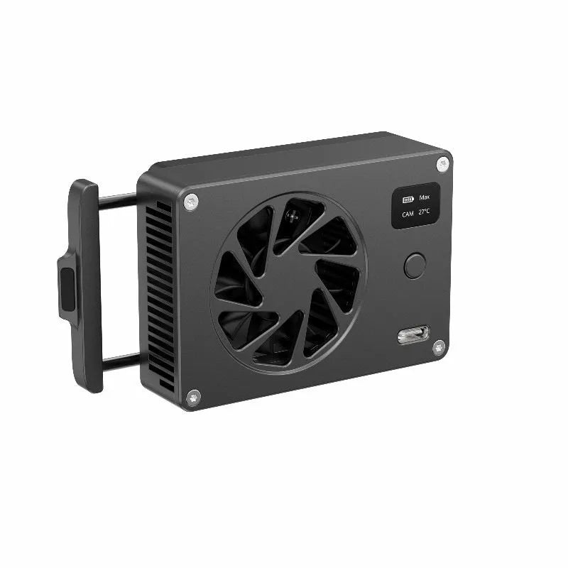 Black aluminium computer radiator with cooling fan measuring 89mm by 52mm