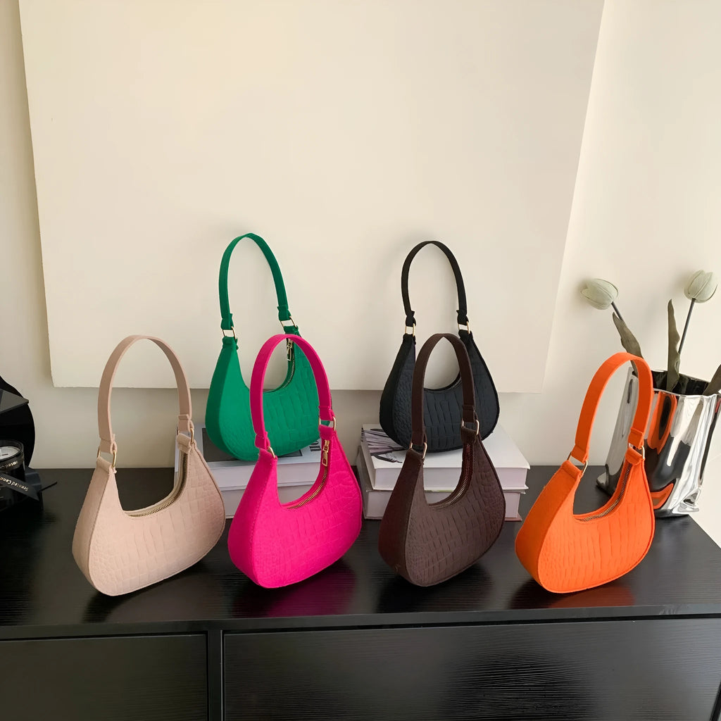 Casual felt shoulder handbag in orange red, rose red, black, brown, khaki, or green with polyester lining