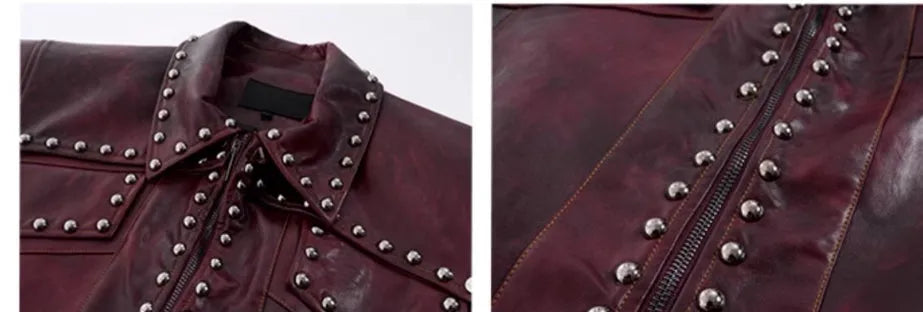 Heavy industry rivets leather vest coat with lapel collar and matching red pants set