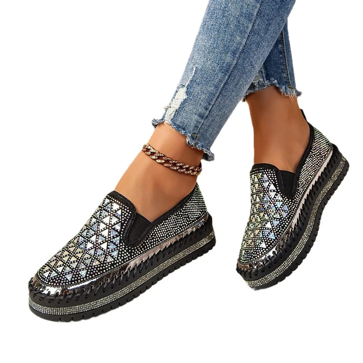Casual suede flat sneakers with rhinestones and sequins, rubber sole, round toe, black beige yellow, sizes 35-44