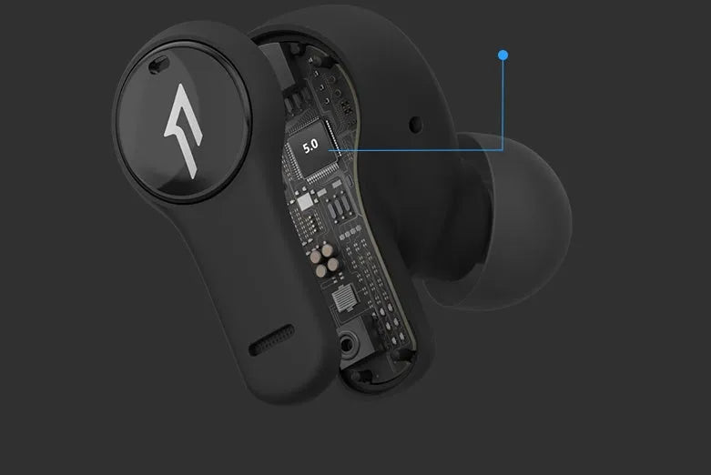 Pearl white and black true wireless Bluetooth sports headphones with USB charging cable.