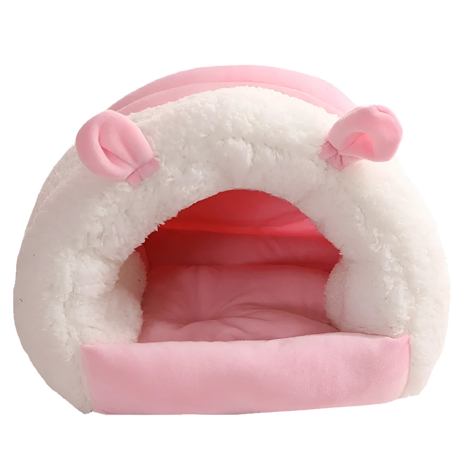Closed cat nest with fleece lining in blue, pink, or purple, shown in M and S sizes.