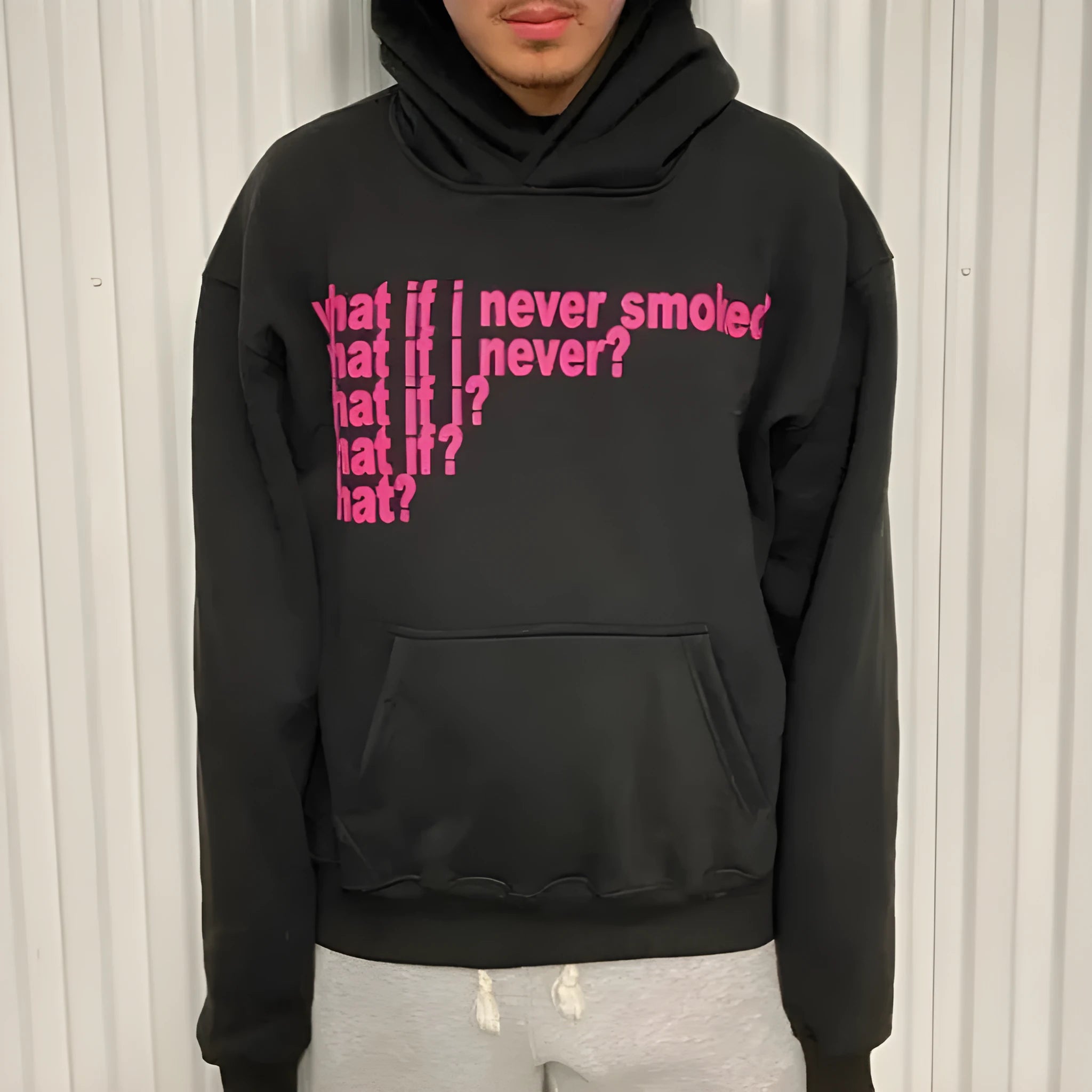 Black heavyweight hooded sweater with letter print and figures pattern design, regular sleeves, pullover style