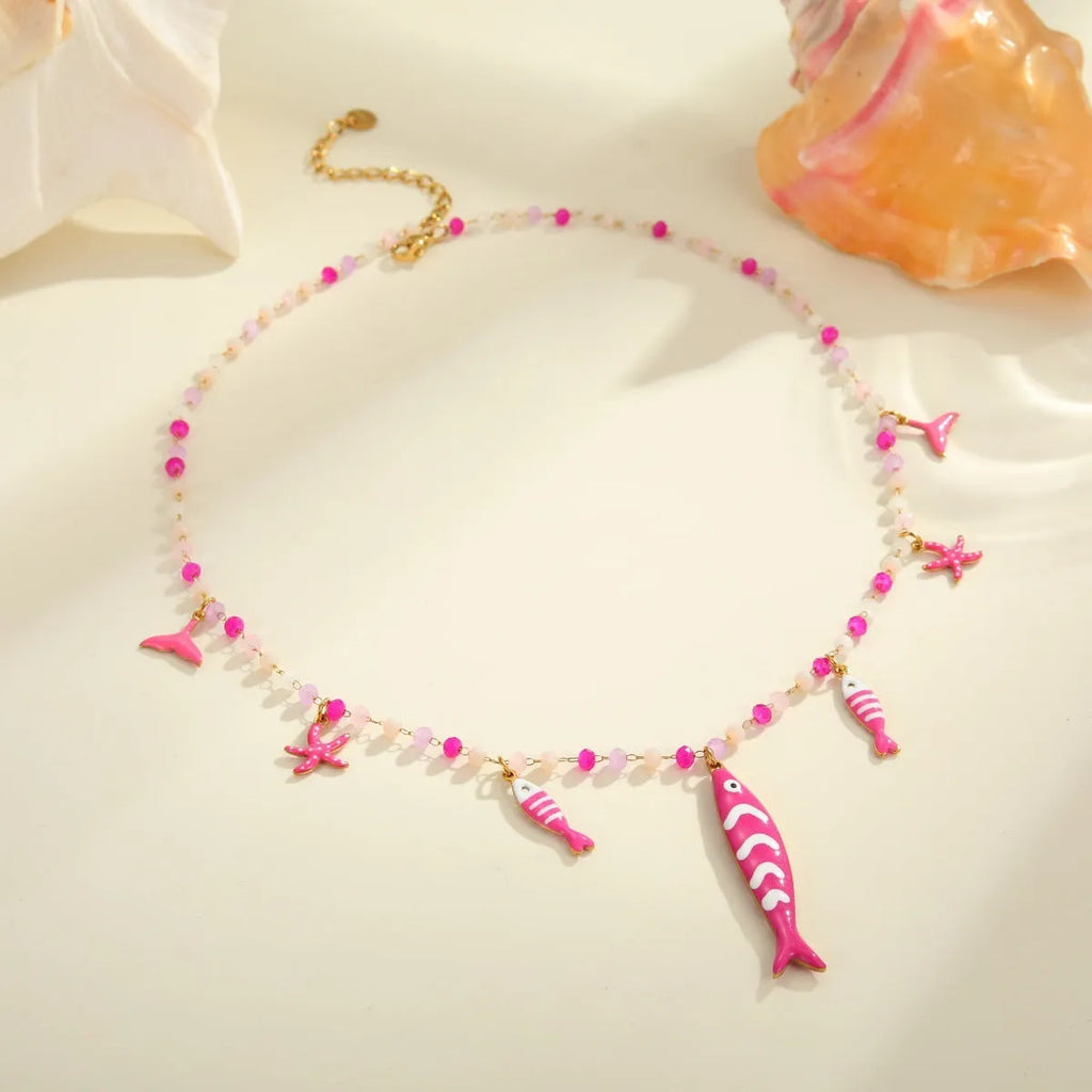 Vacation style beaded oil dripping fish stainless steel necklace with 18K electroplating, pink colour, adjustable chain