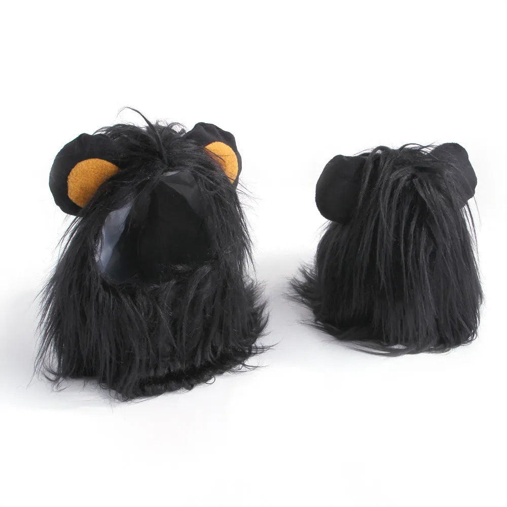 Black and white lion mane wig hat headgear for a cat or small dog wearing the costume.
