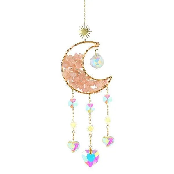 K9 crystal moon-shaped car pendant hanging, showing reflective surface in a choice of colours.