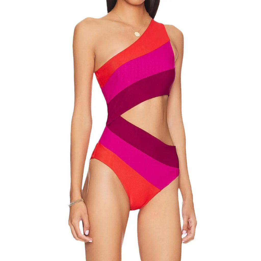 Women's one-piece swimsuit with oblique shoulder and high fork, pink or blue stitching, nylon spandex