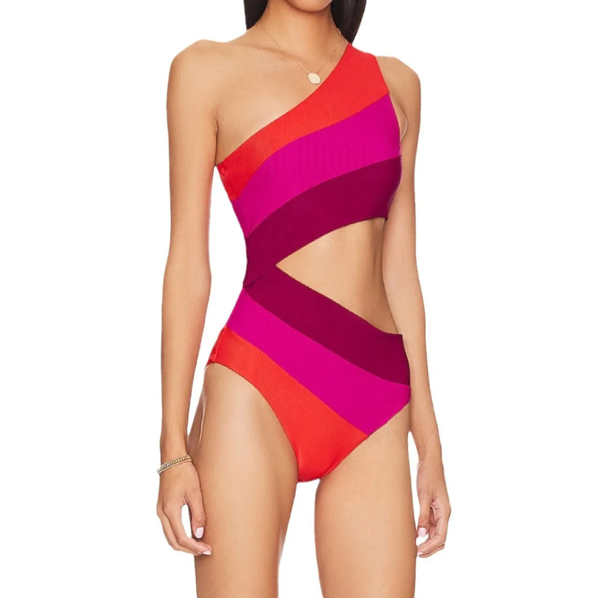 Women's one-piece swimsuit with oblique shoulder and high fork, pink or blue stitching, nylon spandex