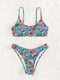 Women's printed sling bikini set in polyester, peacock blue or lemon yellow, sizes S-M-L