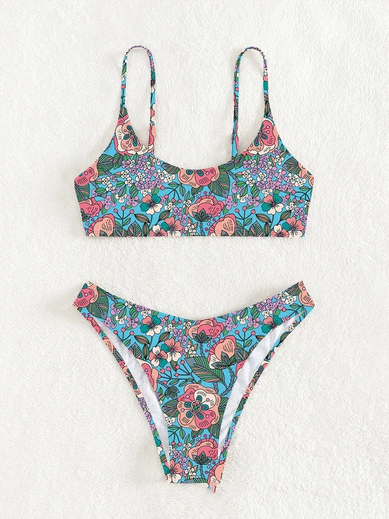Women's printed sling bikini set in polyester, peacock blue or lemon yellow, sizes S-M-L