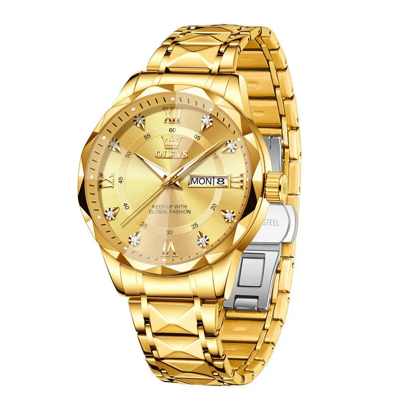 OLEVS 2025 men's luminous waterproof quartz watch with steel band and 11mm case thickness