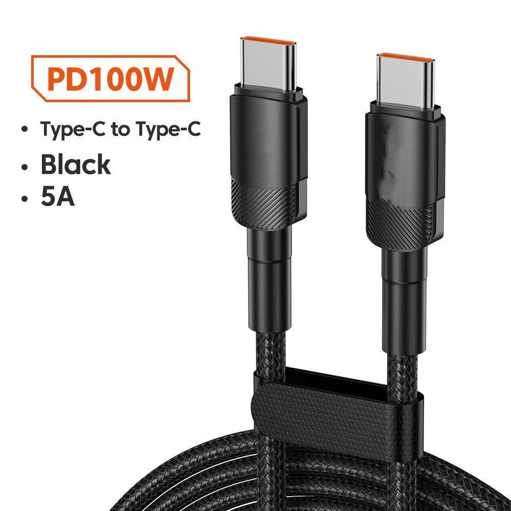 Black woven USB cable with aluminium alloy connectors shown at 100W fast charge length options