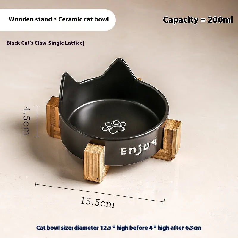 Ceramic cat bowl set with wooden anti-slip frame in cat paw design