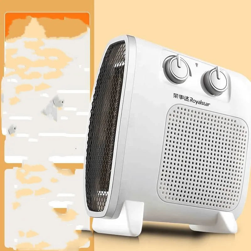 White electric fan heater with mechanical dial controls and grill.