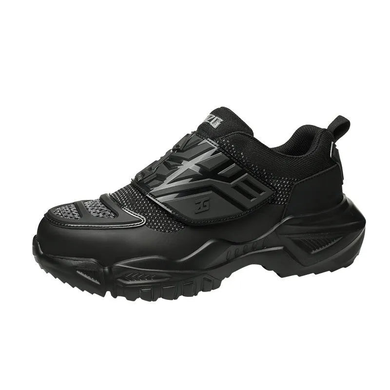 Black mens safety work shoes with steel toe cap and felt buckle closure