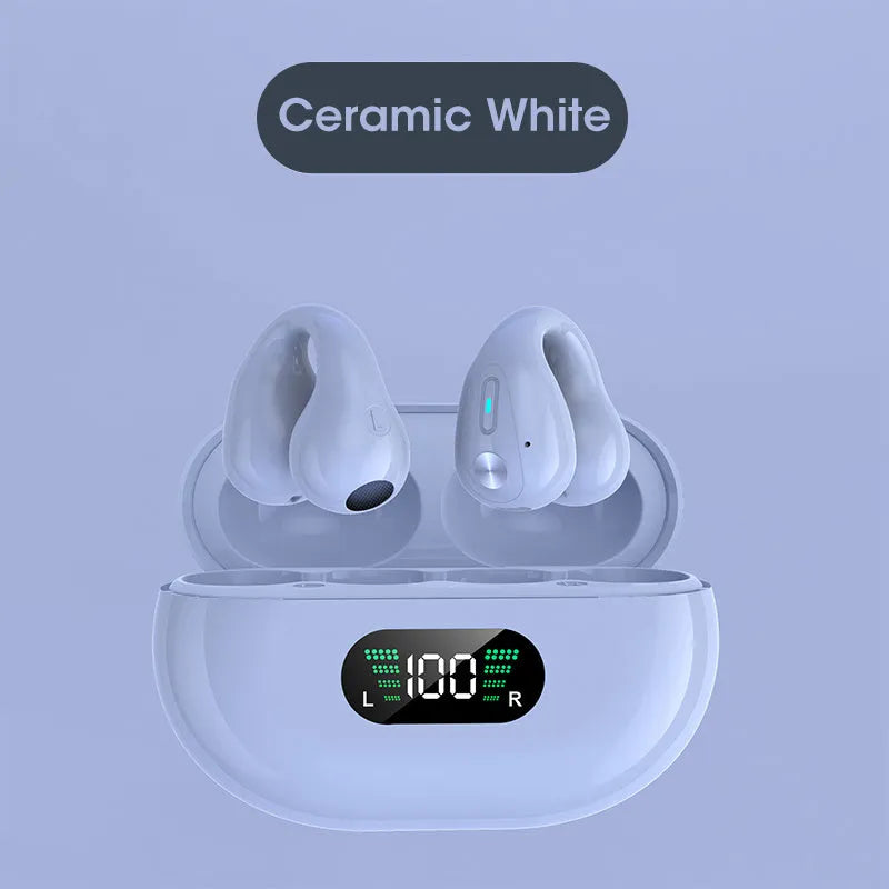 Bone conduction Bluetooth headset clip in black, white, or khaki colours with ear clip design
