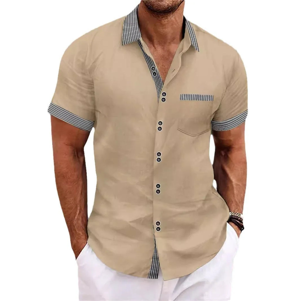 Man wearing a slim fit, short sleeve striped casual shirt in pure cotton.