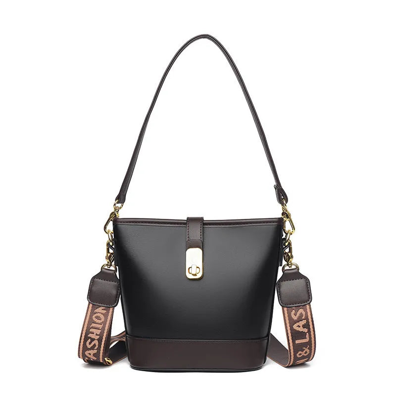 Korean style black bucket bag with multiple compartments and double shoulder straps