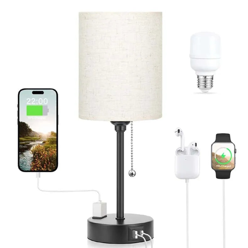 Taye C fabric table lamp with USB charging port and straight linen lampshade in modern simplicity style