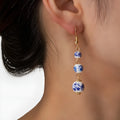 Blue and white porcelain ceramic bead long retro earrings with alloy metal geometric design