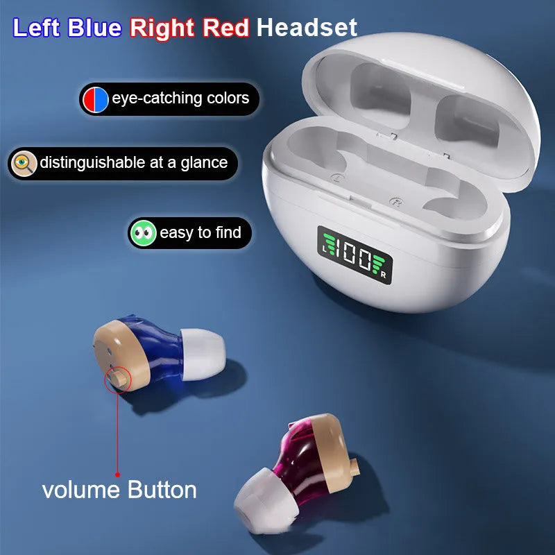 Red blue rechargeable hearing aid with digital display, over ear design, USB charging, 12+ hour battery