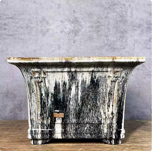 Ceramic square mouth flower pot with green crackle glaze finish, large size 36, on wooden surface