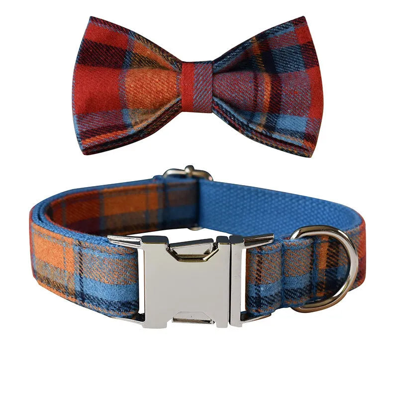 Blue velvet plaid pattern dog collar with an alloy metal buckle on a white background