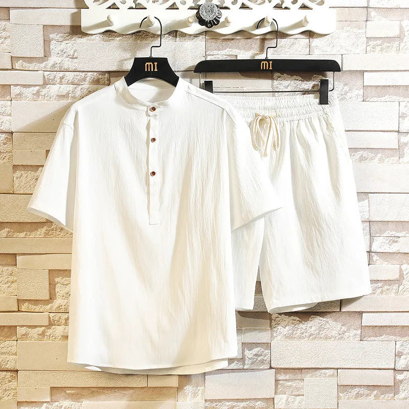 Chinese style two-piece suit with stand collar and short sleeves in a relaxed fit for summer leisure wear
