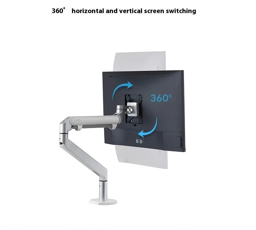 Aluminium alloy laptop stand with an adjustable air pressure arm in black colour on a wooden desk.