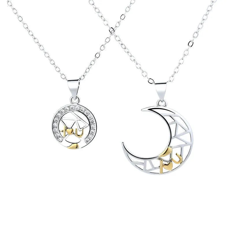 Sun and moon tooth couple necklace set with copper electroplated pendants and cross chain.
