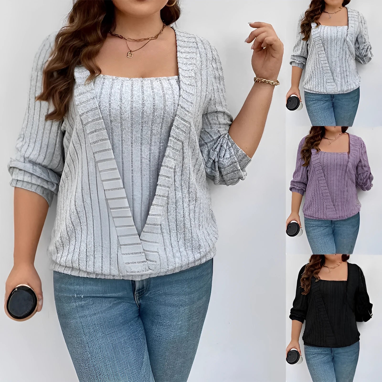 Solid colour women's V-neck long sleeve two-piece suit with ribbed texture in a loose fit