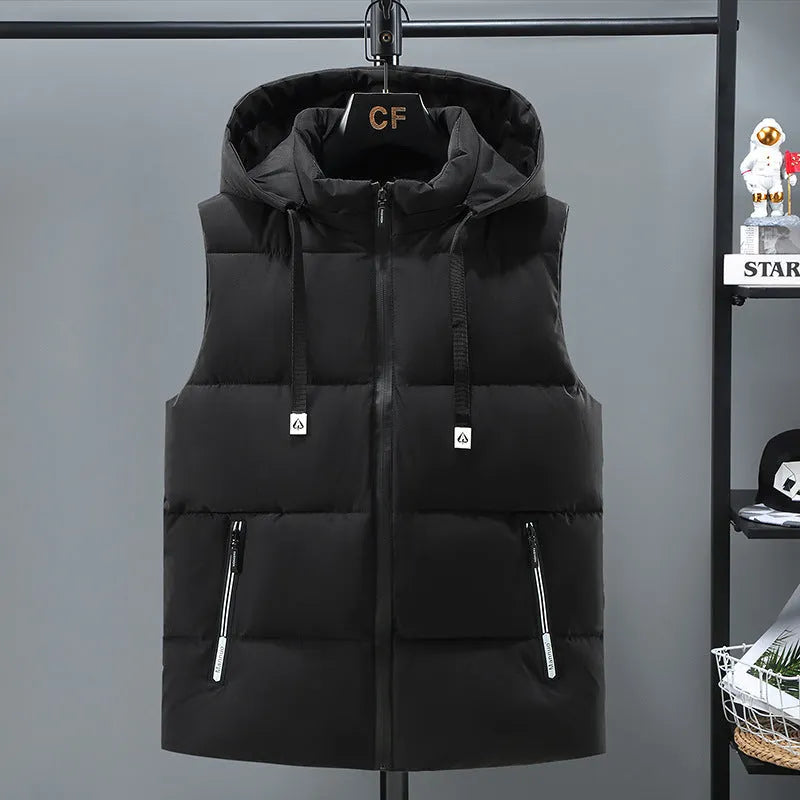 Men's solid colour thickened vest with a removable cap, shown in black and blue colour options.