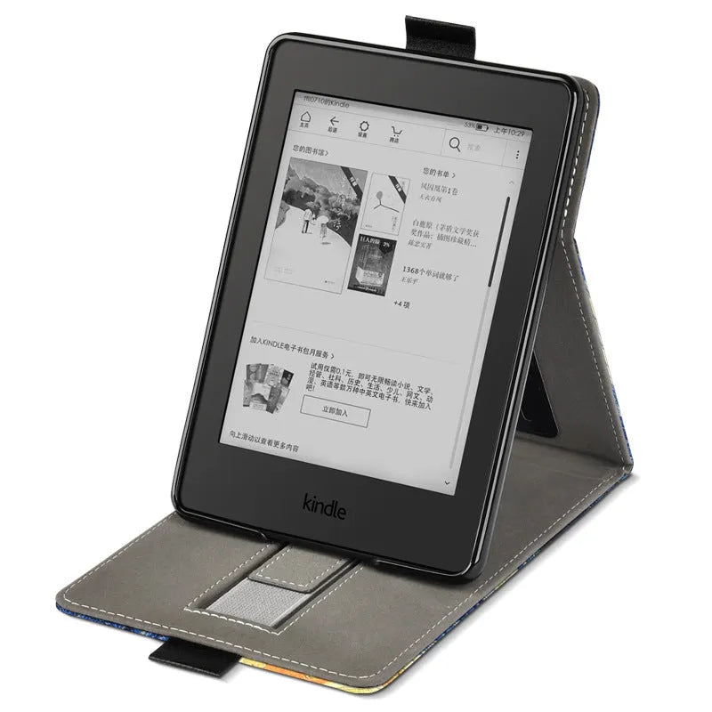 Kindle protective case with integrated hand strap in a choice of colours and printed designs.