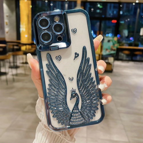 Angel wing frame bracket electroplated TPU phone case in transparent black for iPhone 15 Pro Max with built-in stand