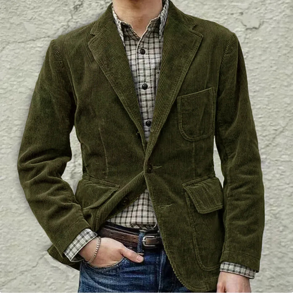 Men's solid colour corduroy jacket winter casual blazer in Army Green front view