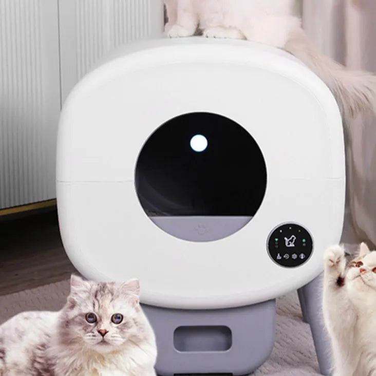 Automatic self-cleaning cat litter box with large grey ABS plastic shell and sealed waste drawer