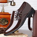Men's black and brown formal business shoes with round toe and square heel, showing artificial PU upper and rubber sole.
