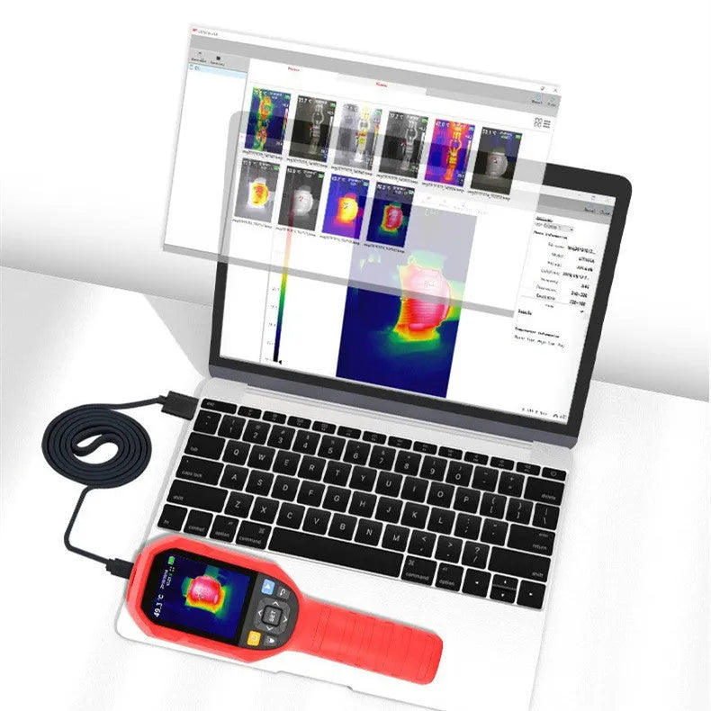 UTi260B handheld infrared thermal imaging camera with display screen, shown with USB cable and storage bag.
