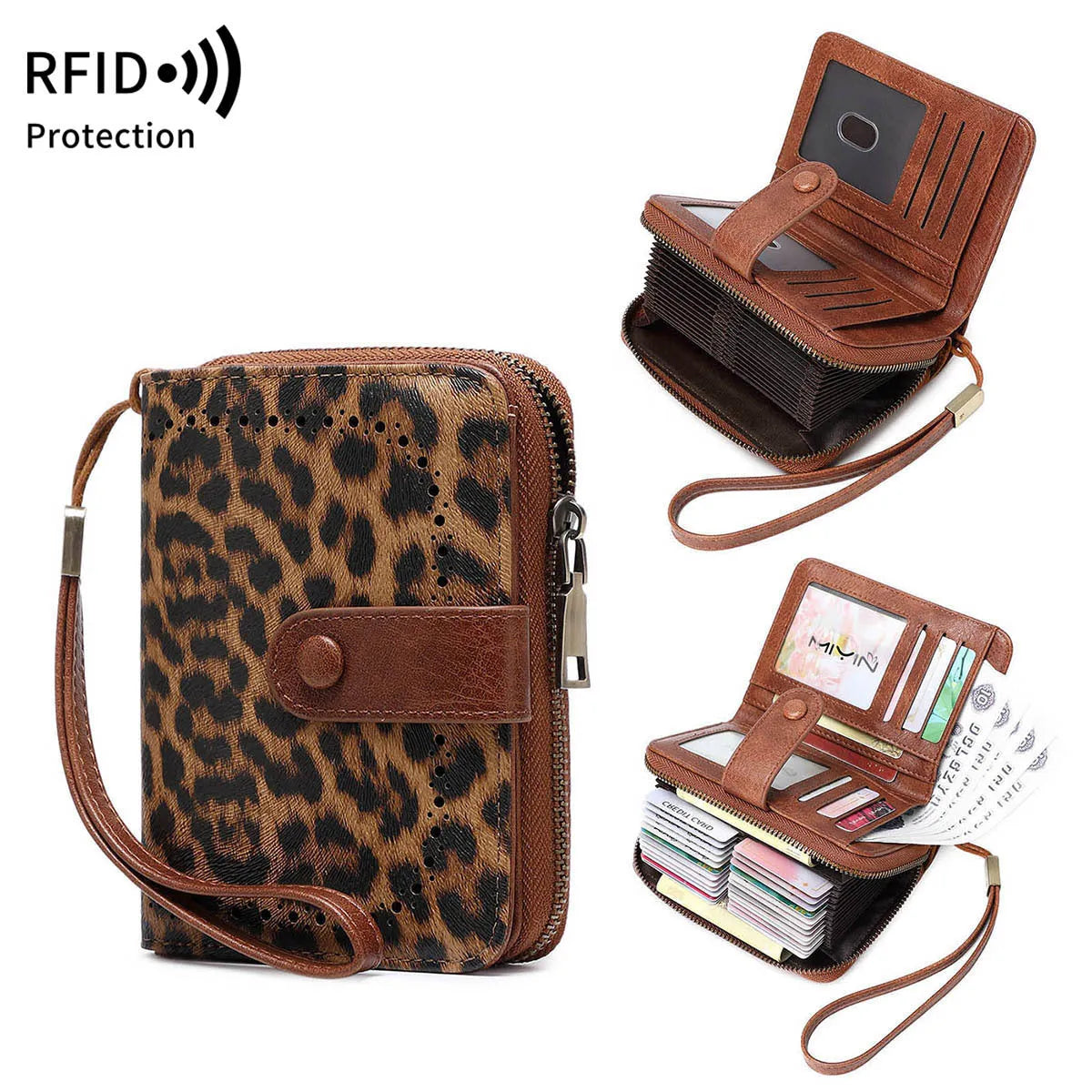 Small retro wallet with zipper closure in leopard print pattern showing hollow detailing and contrast stitching