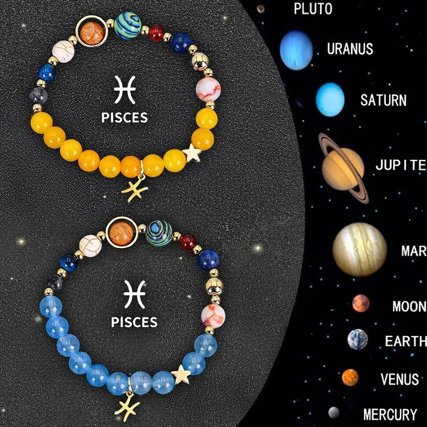 Twelve separate beaded bracelets with coloured stone beads, each on a black elastic cord, representing different zodiac signs.