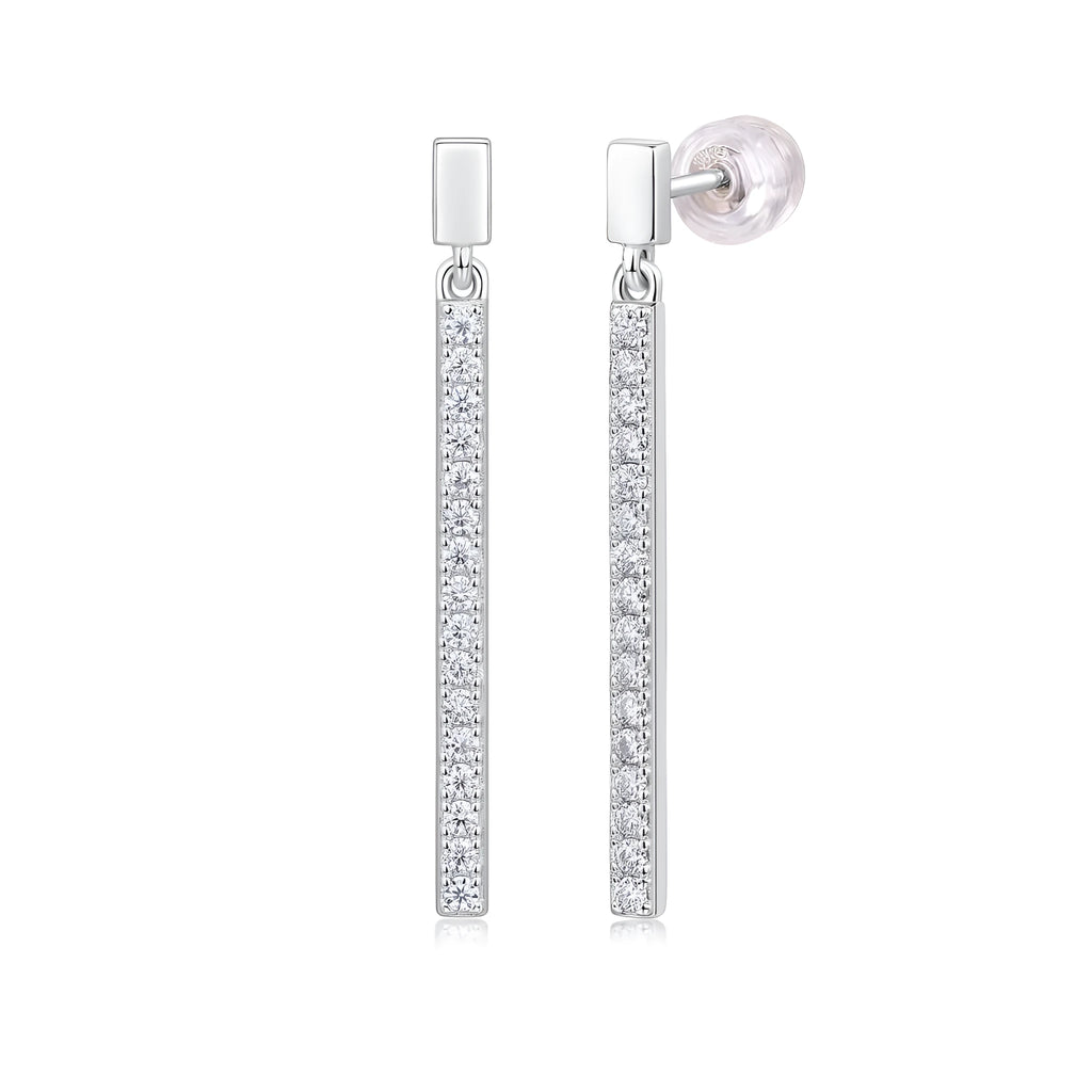 Pair of moissanite stud earrings in S925 silver with platinum plating on white background