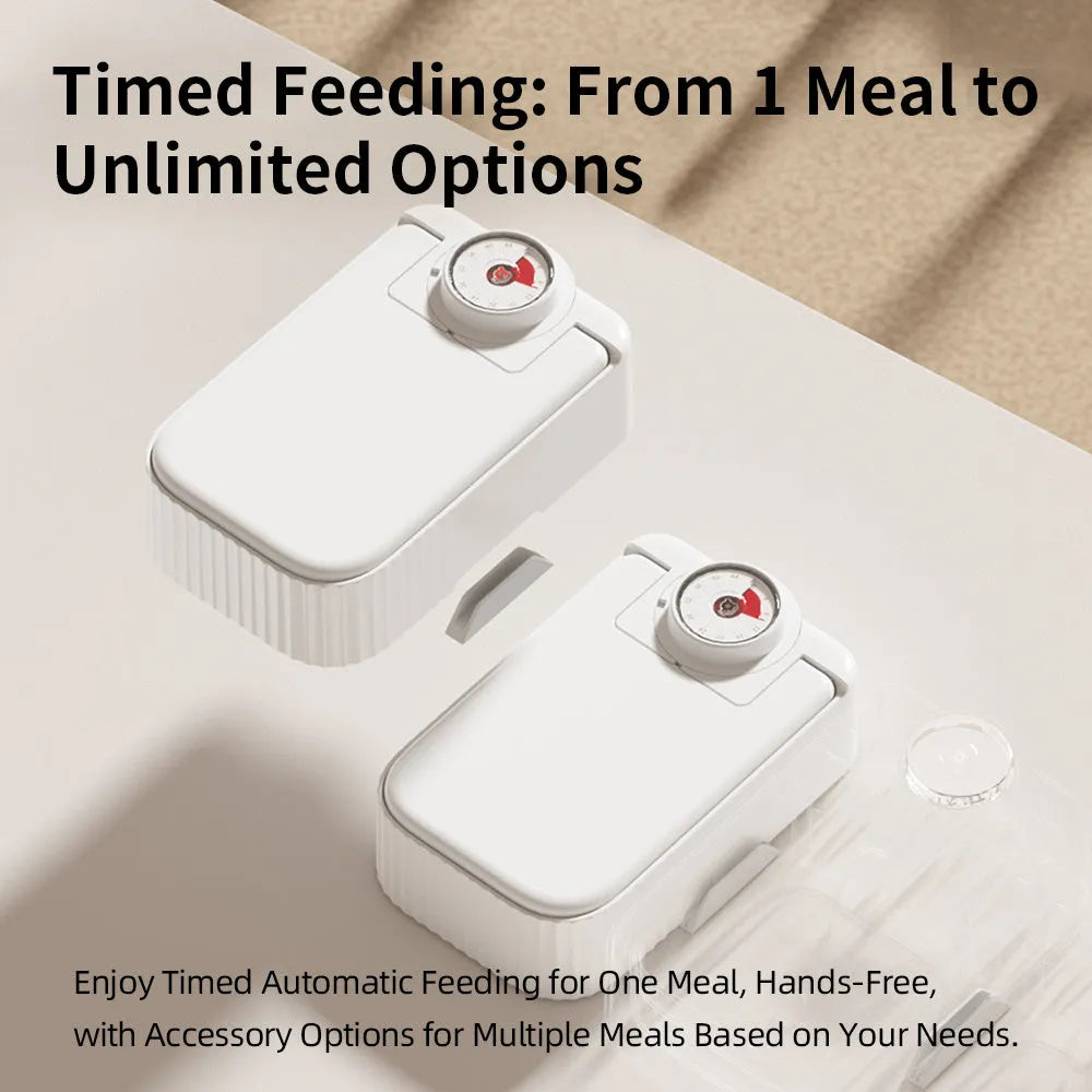 White automatic pet feeder with timer display and removable ice crystal cooling box underneath.