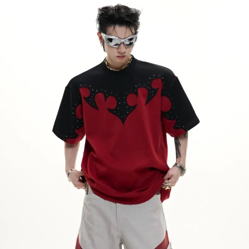 Men's grey short sleeve shirt with 3D burnt flower stitching and rhinestone details on a drop-shoulder loose fit.