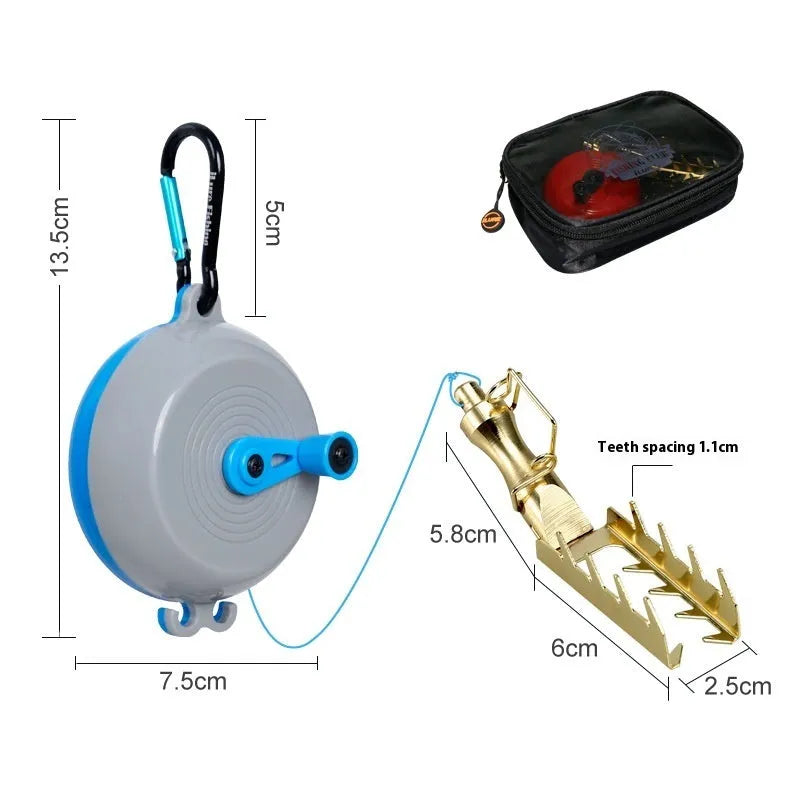 Fishing bait bottom lifter retriever device with coloured wheel and stainless steel hook on spool of braided line.