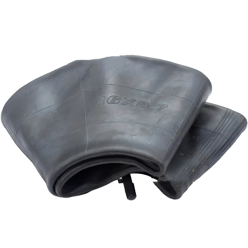Set of two 16x8.00-7 size black inner tubes with TR13 straight valve stems and four dust caps.