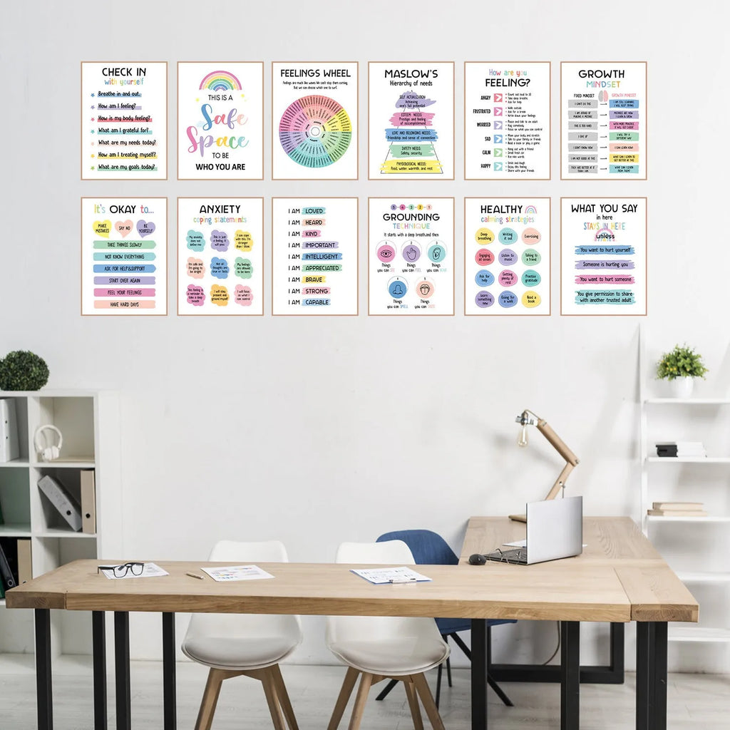 Set of 12 mental health posters on coated paper with bright film finish, 255x355mm each, with glue dots