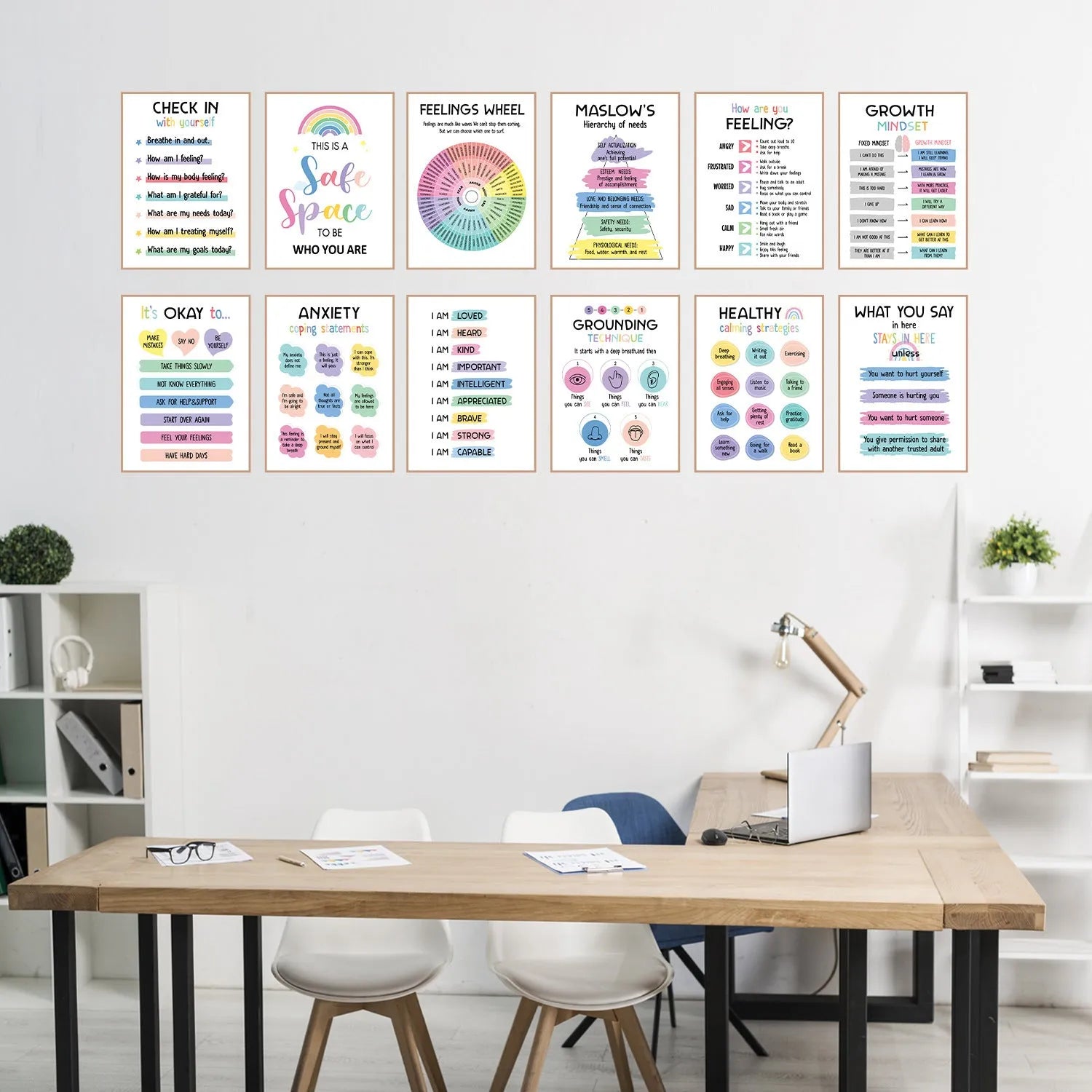 Set of 12 mental health posters on coated paper with bright film finish, 255x355mm each, with glue dots