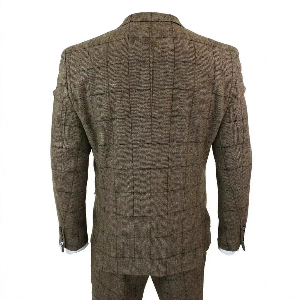 German-style three-piece brown plaid slim fit suit set with coat, vest, and trousers on hanger