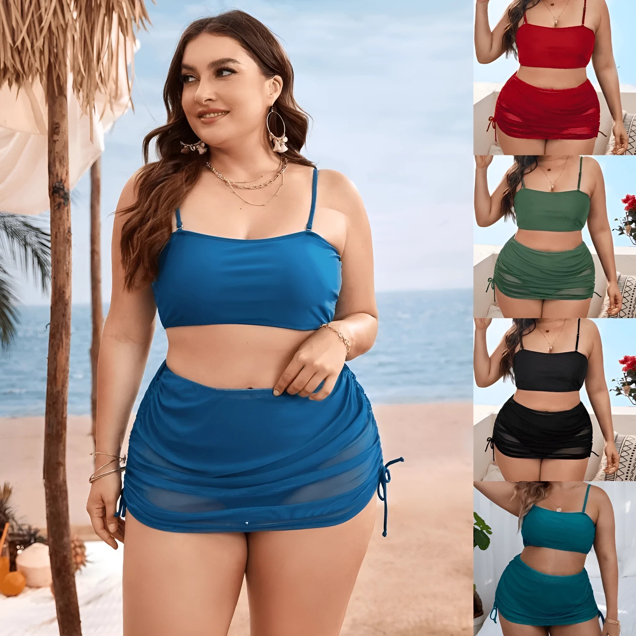 Women's solid colour mesh bikini three-piece set with apron in spandex material